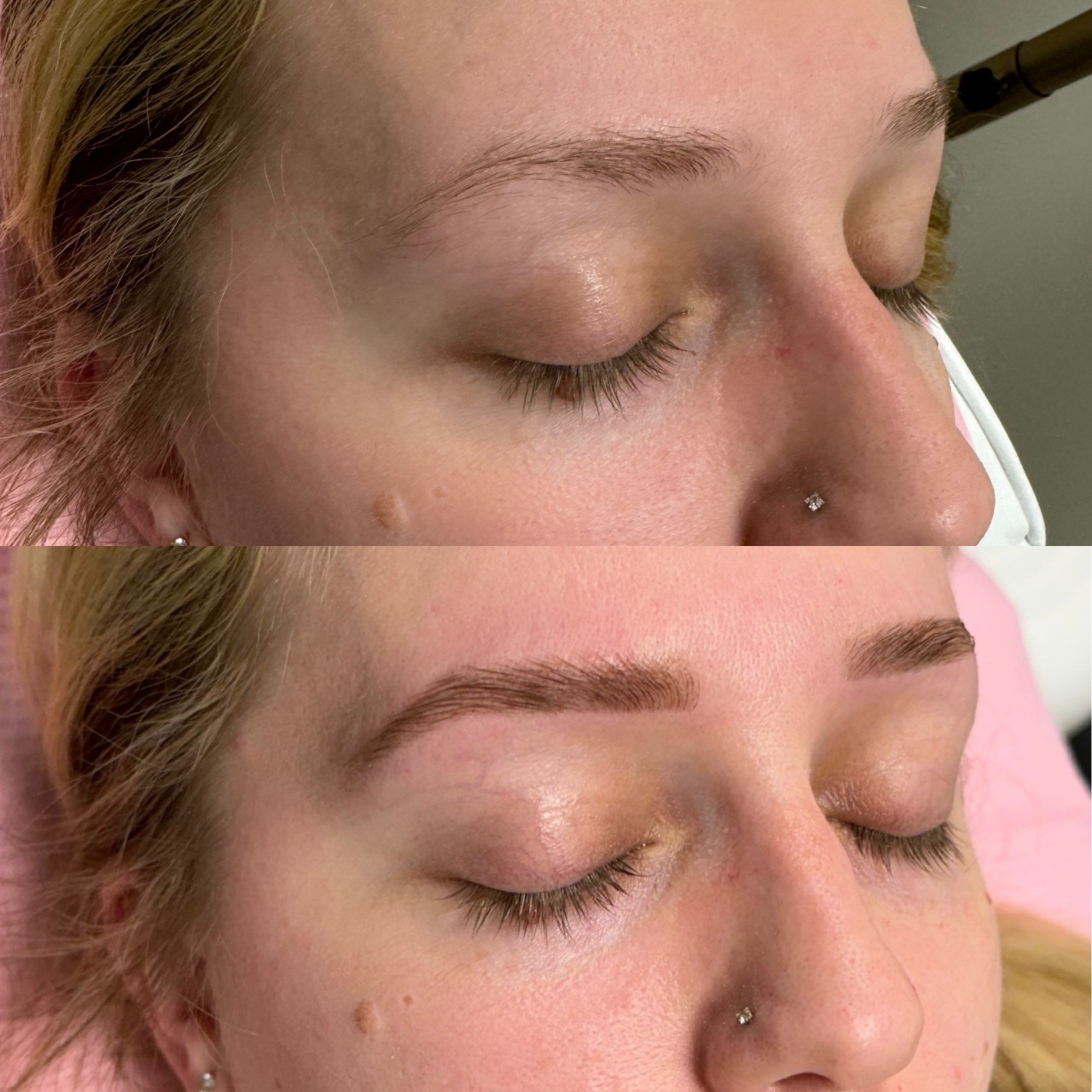 Before and after eyebrow shaping and tinting at Care Esthetics Delaware